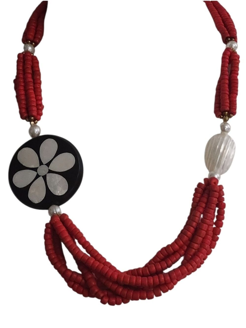 Red Beaded Necklace Mother of Pearl Inlay Flower Pendant